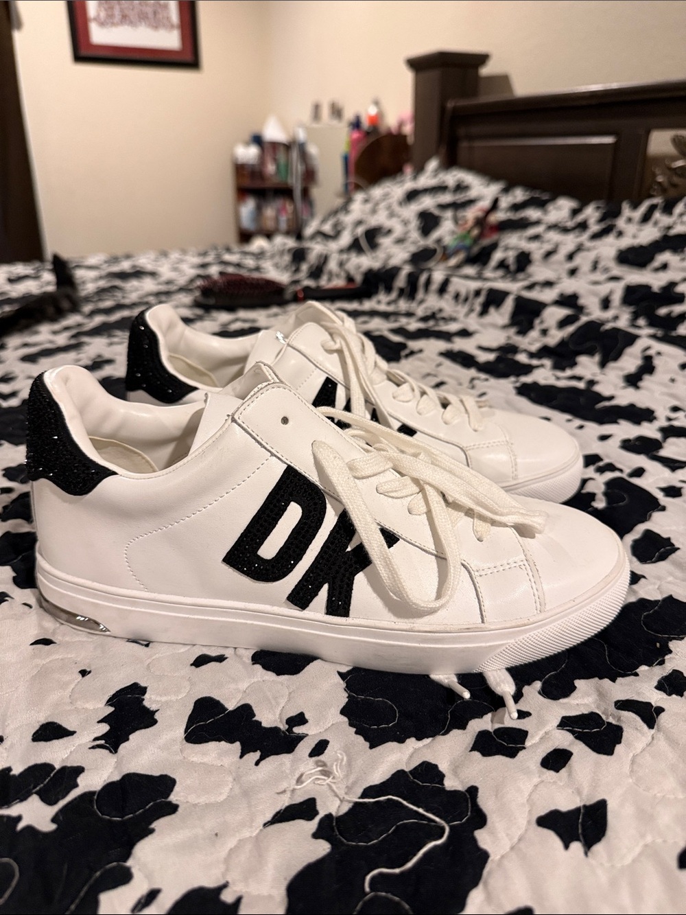 DKNY White Leather Sneakers with Black Glitter DK Accent